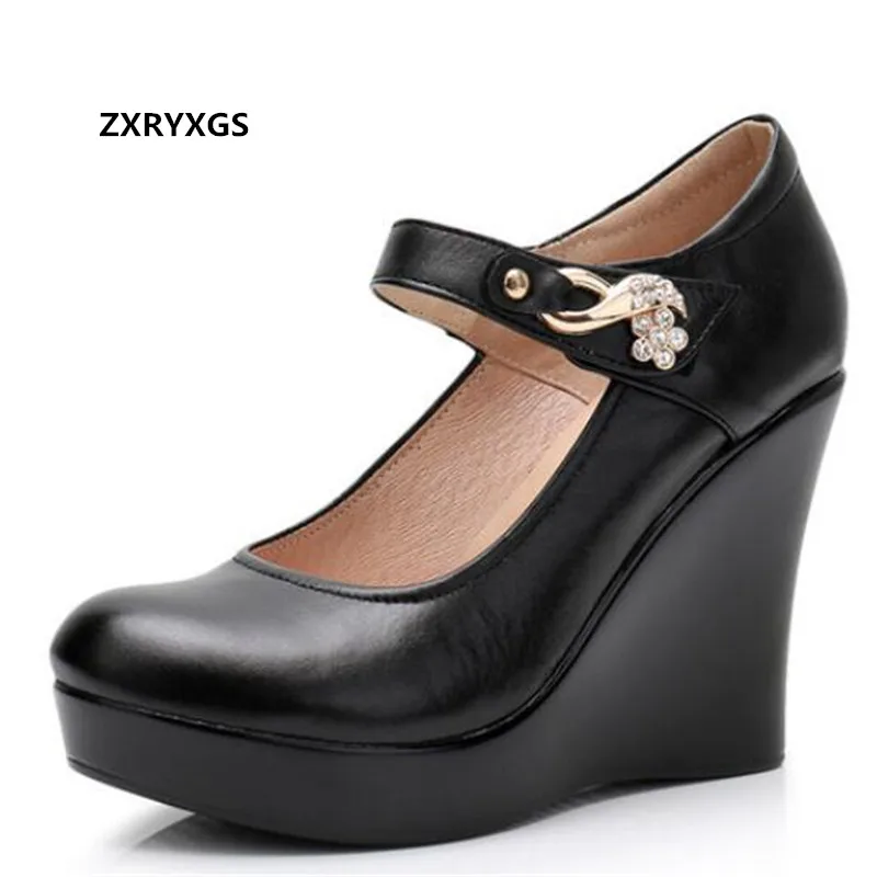 

2021 New Autumn Rhinestone Cowhide Black Leather Shoes Women Pumps Shoes Wedges Cheongsam Catwalk Shoes High Heels Women's Shoes