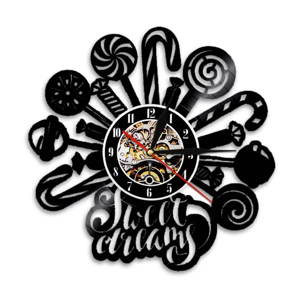 Sweet Dreams Candies And Sweets Vinyl Record Wall Clock Lollipop Candy Cane Laser Etched Shadow Art Wall Clock Snack Bar Decor