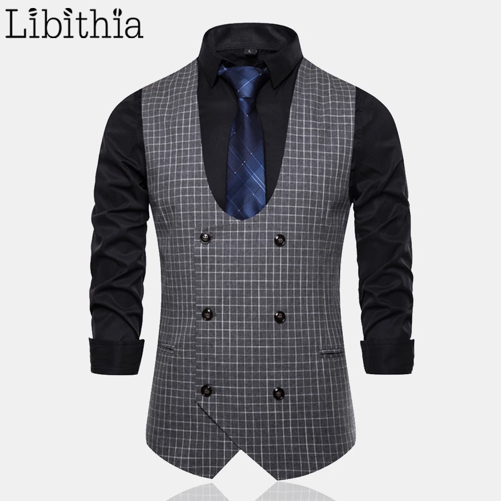 Мужское повседневное приталенное платье в клетку без рукавов двубортный