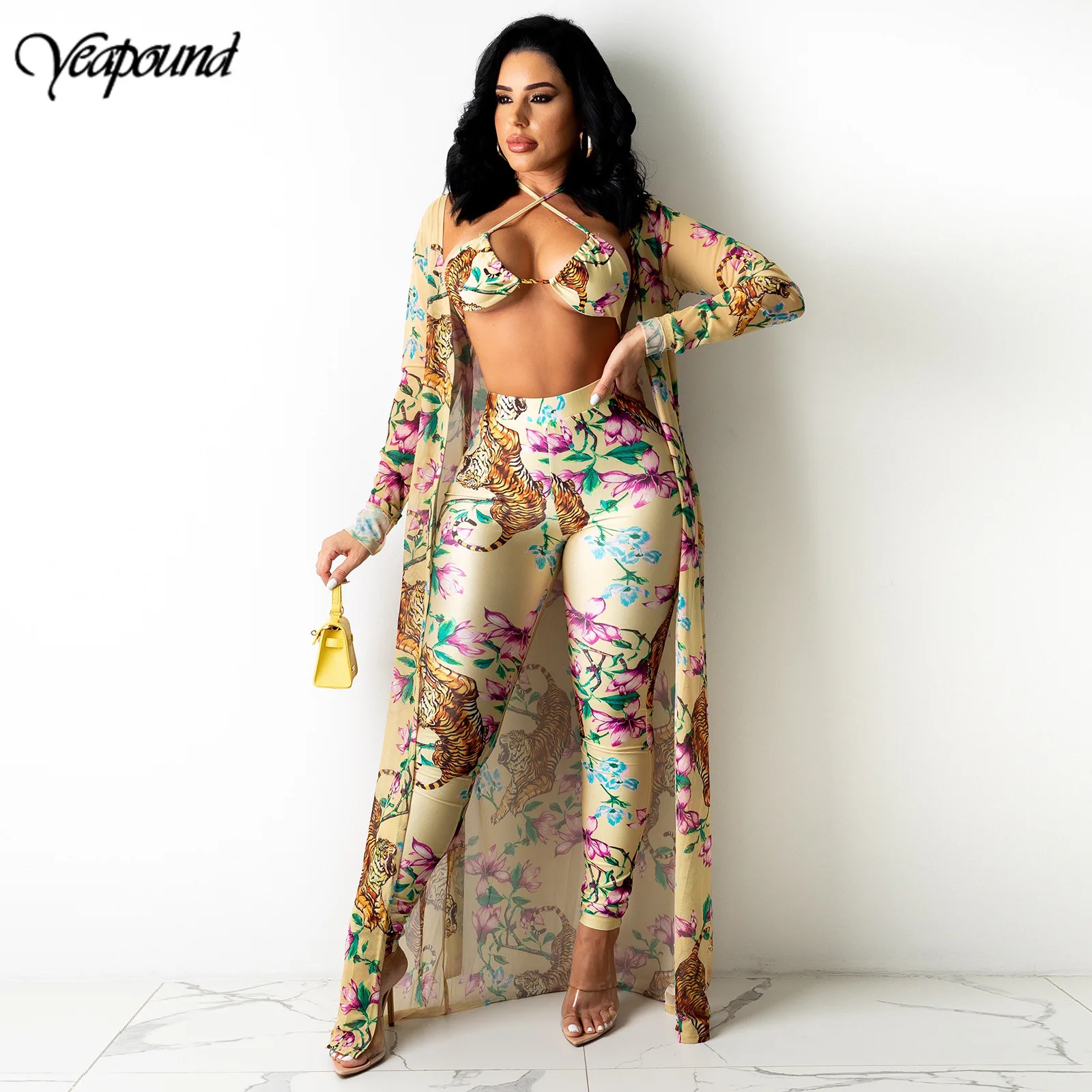 

Open Women'S Set Retro Tiger Print Sexy 3 Piece Set V Neck Crop Top Long Sleeve Cardigan And Pencil Leggings Pants Set Suit