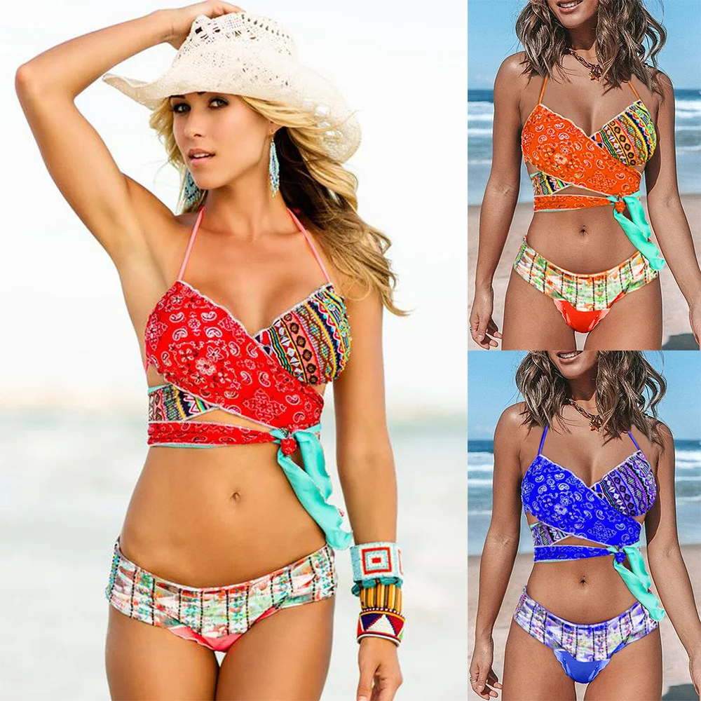 

2021 Cross-Border New Two-Piece Swimsuits Women's Contrasting Color Floral Print Bikini Europe and America Bikini Set Swimwear