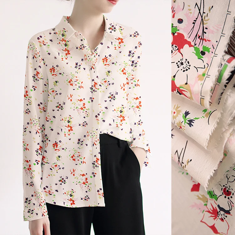 

1 Meter 16 Mummi, Printed Stretch Crepe De Chine Milky White Background Floral, Wide Shirt Fabric, Mulberry Silk