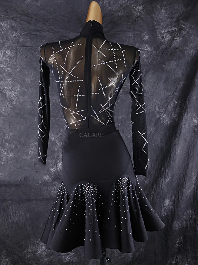 Latin Dance Skirt Shinny for Women Girls Ruffled Hem with Rhinestones Salsa Fringe Tango Dress Dancing Black D0383 CACARE | Тематическая