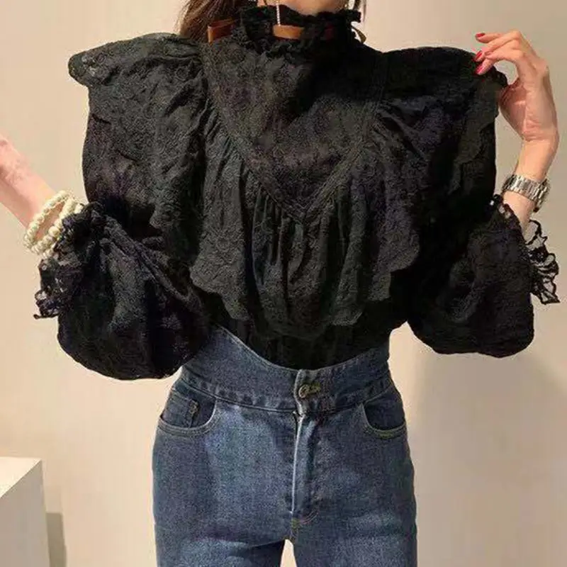 RealShe белая блузка женская с длинным рукавом и оборками сплошная шикарная