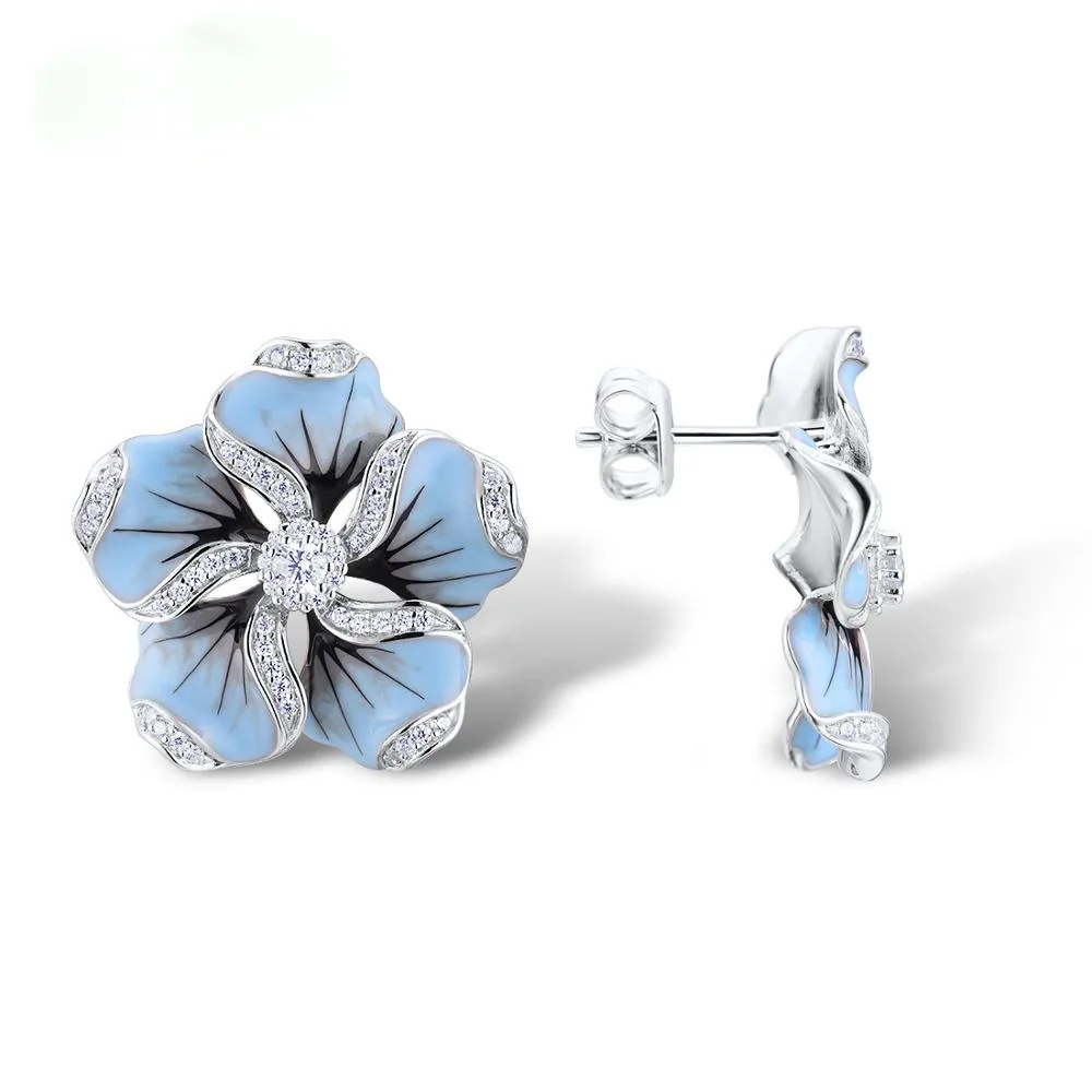 New Elegant Ladies Shiny Zircon Crystal Blue Lotus Tree Small Stud Earrings For Women Wedding Statement Brincos Jewelry Gifts | Украшения и