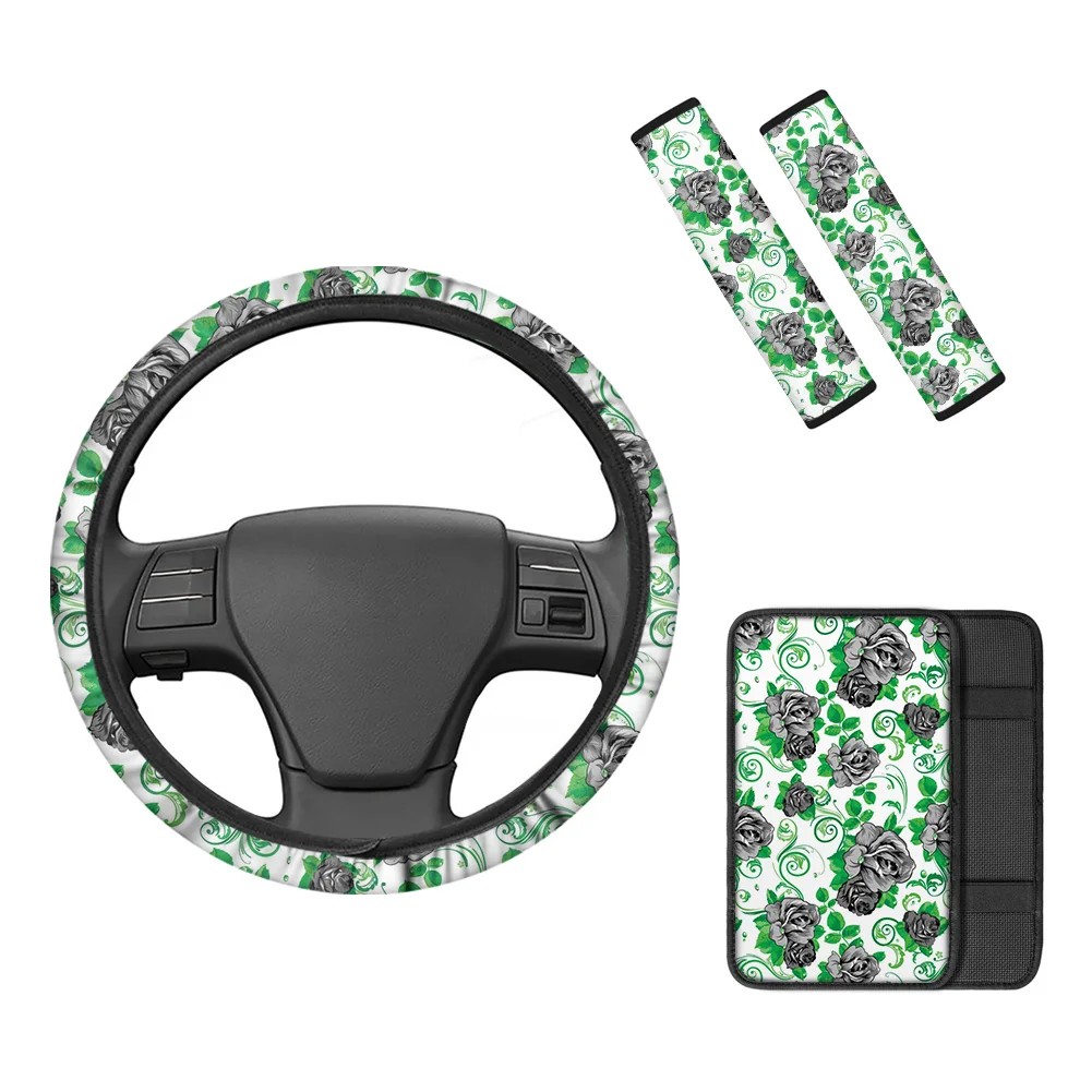 

INSTANTARTS Hawaiian Flowers Prints Seat Belt Cushion Shoulder Strap Comfortable Car Center Console Cover Non-skid Wheel Cover