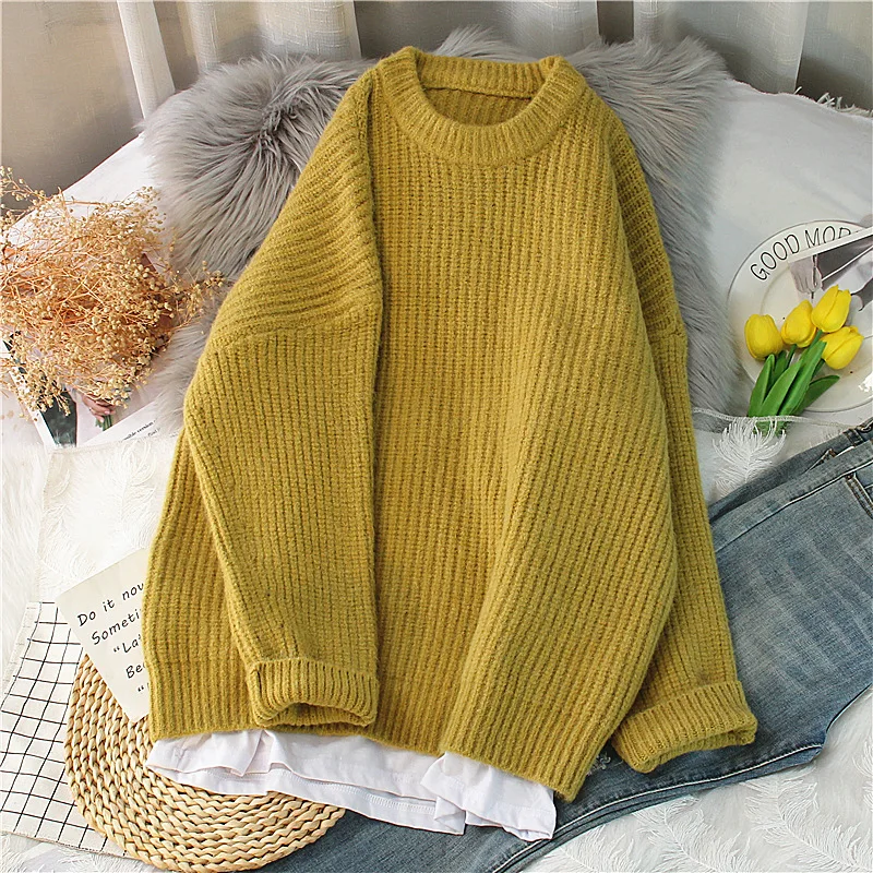 

EBAIHUI Sweater Women Solid Color O-neck Pullover Coarse Yarn Knitted Basic Harajuku Loose Japanese Soft Female Knitwear Jumper