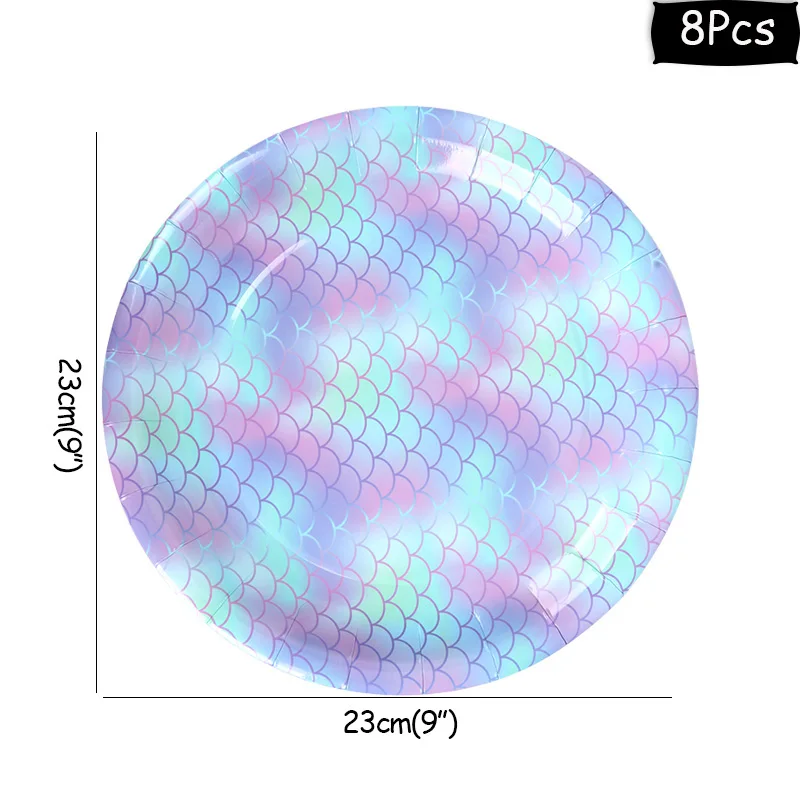 8pcs 9inch plates MEIDDING Русалка Вечерние одноразовые посуда счастливый костюм для празднования дня рождения бумажные чашки блюдце латексные шарики, День подарков будущей матери вечерние Декор - Цвет: 8pcs 9inch plates