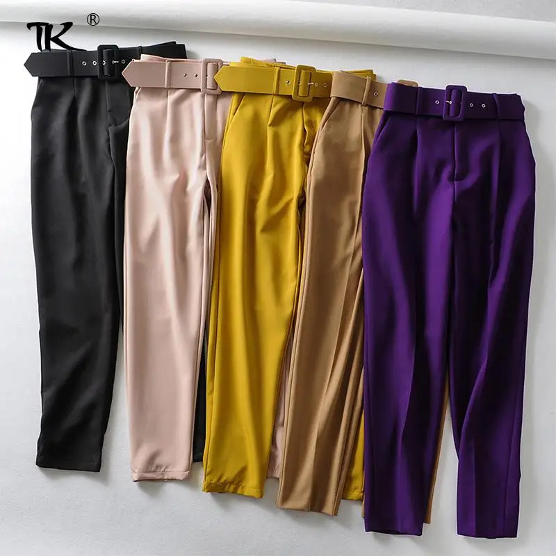 

Women's Pants High Waist With Belt Pockets 2021 Autumn New Ankle-length Trousers Female Fashion Elegant Harem Office Laies Pant