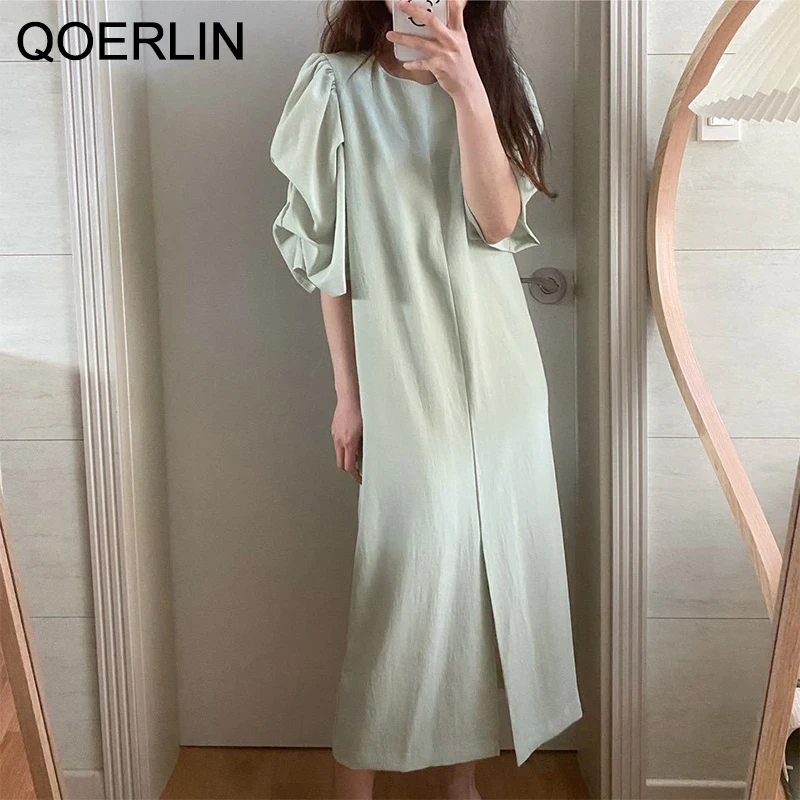 

QOERLIN Shirts Dress Women Retro French Puff Sleeve Front Split Straight Dress Gentle Back Zipper Elegant Draped Long Dress Maxi