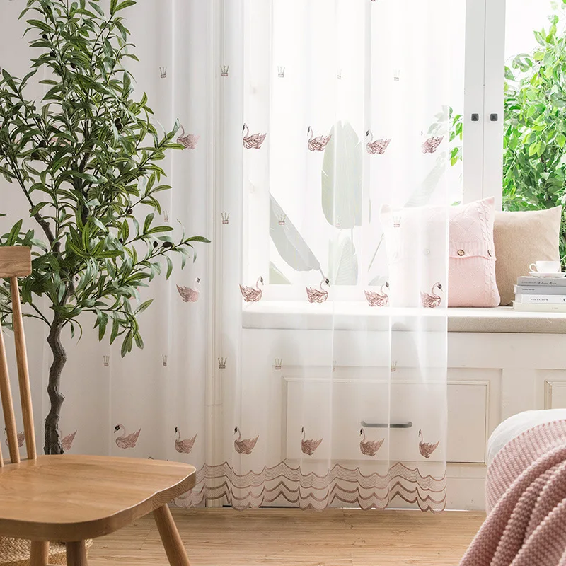 

Modern and Simple Refreshing Gauze Curtain Lace Pink Swan Embroidery All-match Exquisite Window Screen for Living Room Bedroom