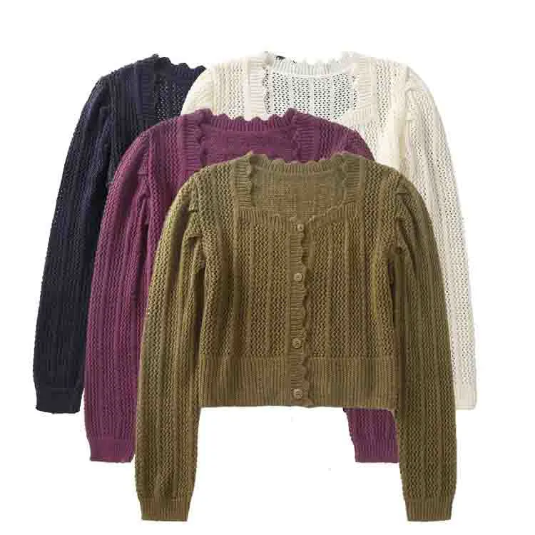 

2020 Women Spring Autumn Sweet Ruffles Sweater Cardigans Low V-Neck Knit Tops Long Sleeve Hollow Out Sexy Cardigan Loose Tops