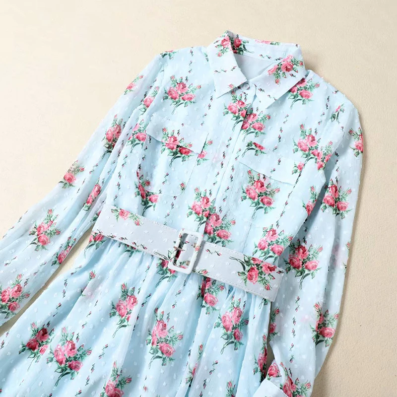 

Gedivoen Spring Long Sleeve High Street Dress Women Floral Print Belt Elegant Midi Dress Fashion Runway A Line Dresses Vestidos