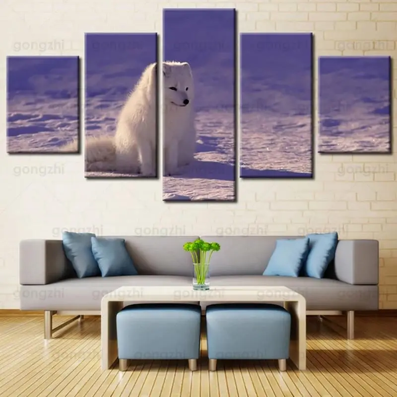 

Winter Animal Landscape Snowy Earth White Puppy Dog 5Pcs Home Decoration Wall Painting Modern Canvas Printing Frameless Poster