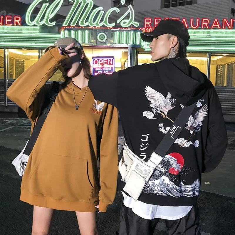 Японская уличная одежда с вышивкой Журавля толстовки в стиле хип хоп капюшоном
