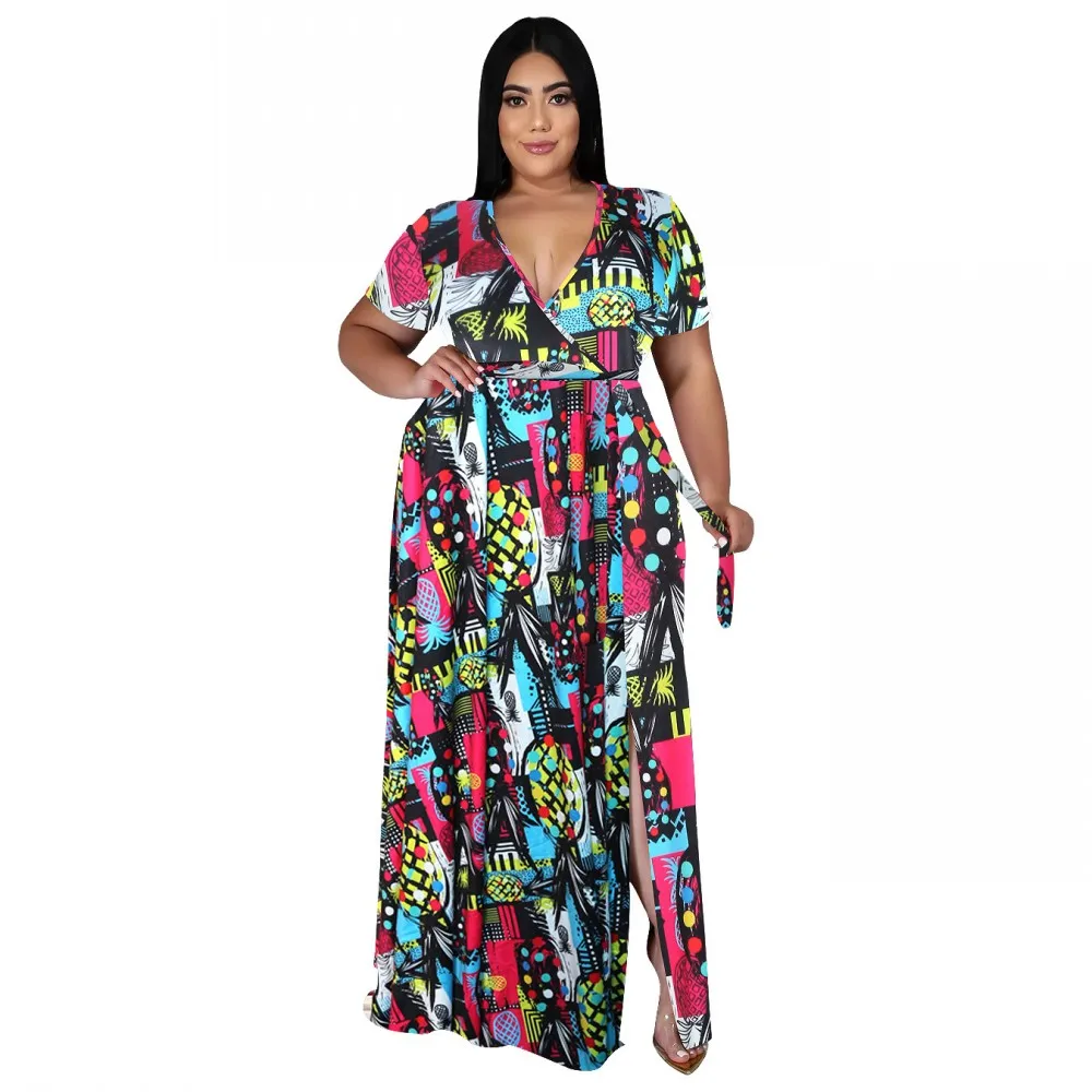 

L-5XL Sexy Slit Short Sleeve Dress African Ladies Print Loose Skirt Bohemian Fashion Casual Dress 2021Spring/fall New Collection