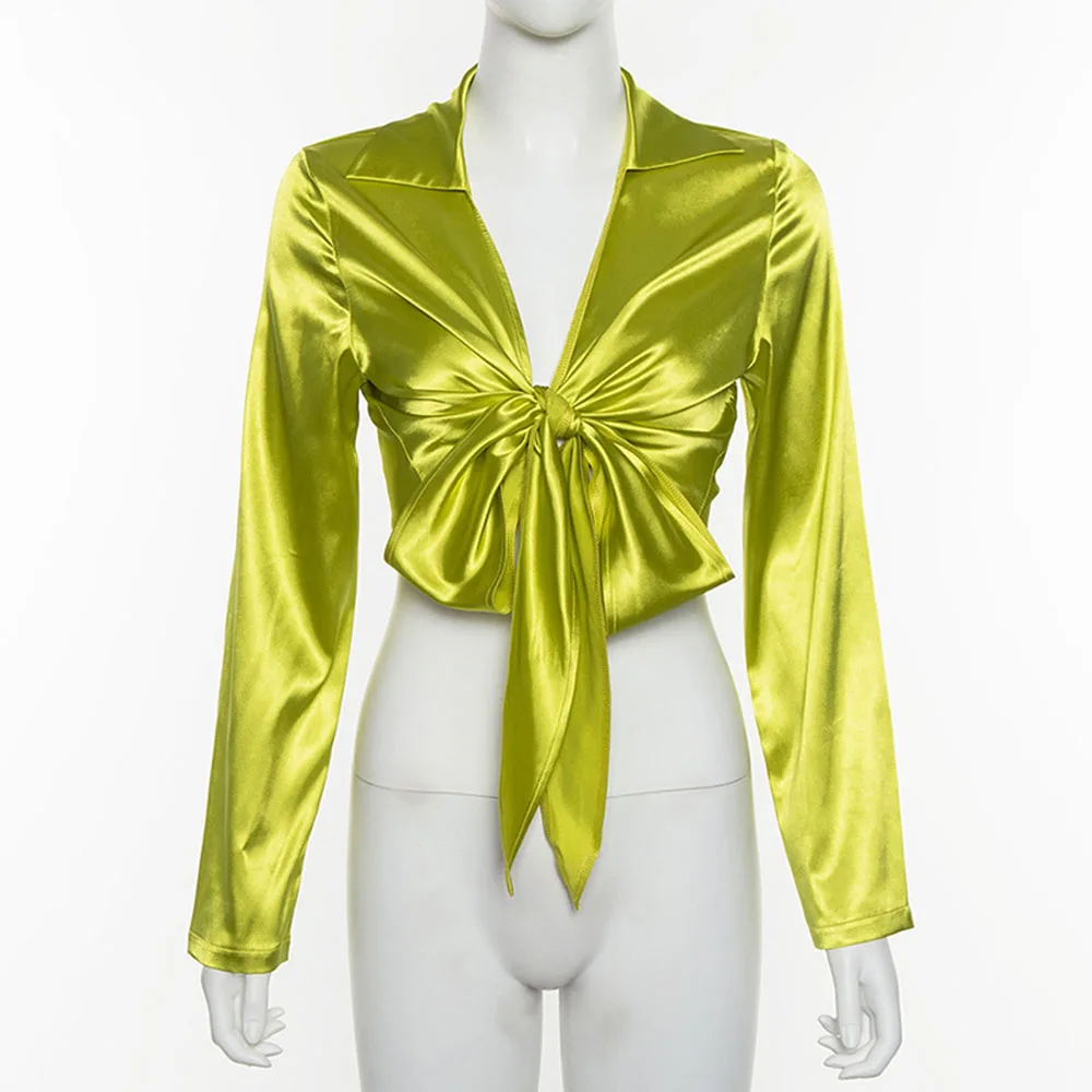 Модная уличная Офисная Женская блузка атласная Блуза с v образным вырезом и