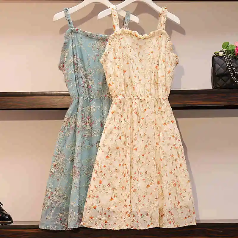 

5XL 6XL floral embroidery printed sexy spaghetti strap slash neck summer chiffon dresses 2020 women plus size dress boho JC127