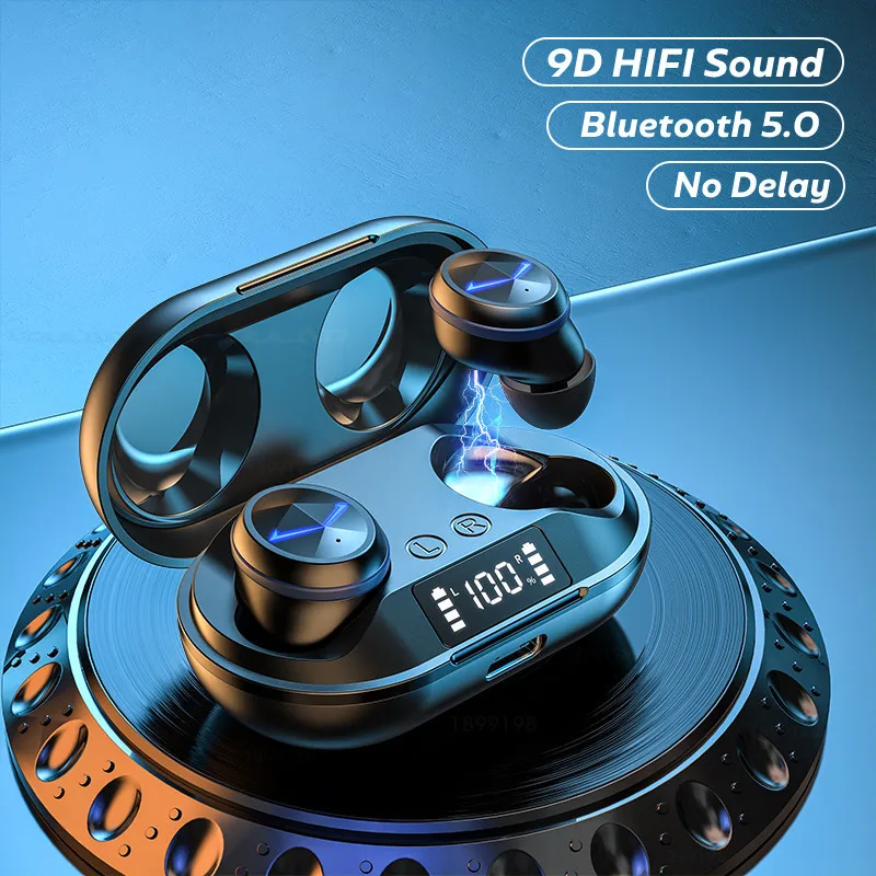 TWS Bluetooth беспроводные наушники 9D стерео Спортивные V5.0 светодиодный