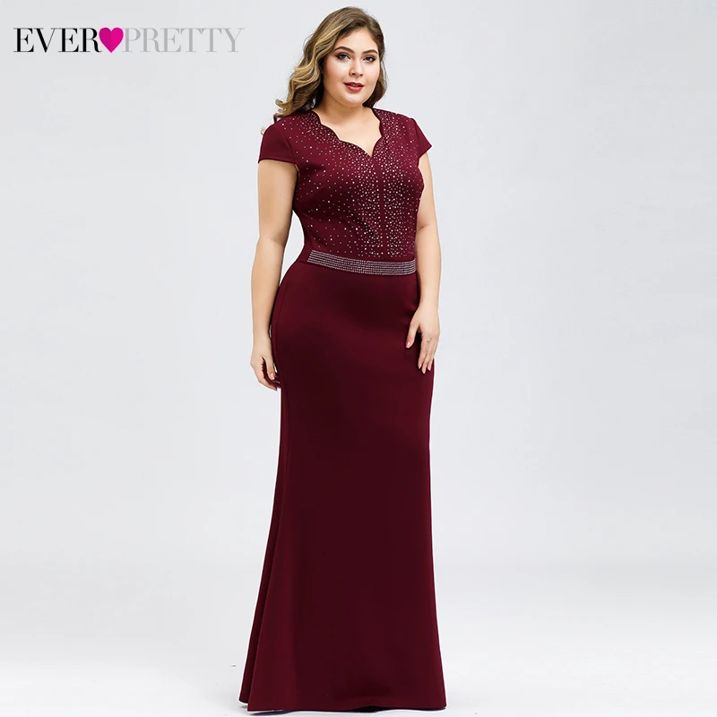 Вечерние платья размера плюс Бургундия для женщин Ever Pretty EP07623BD Русалка v-образным вырезом бисером элегантные платья для вечеринки Vestido Comprido