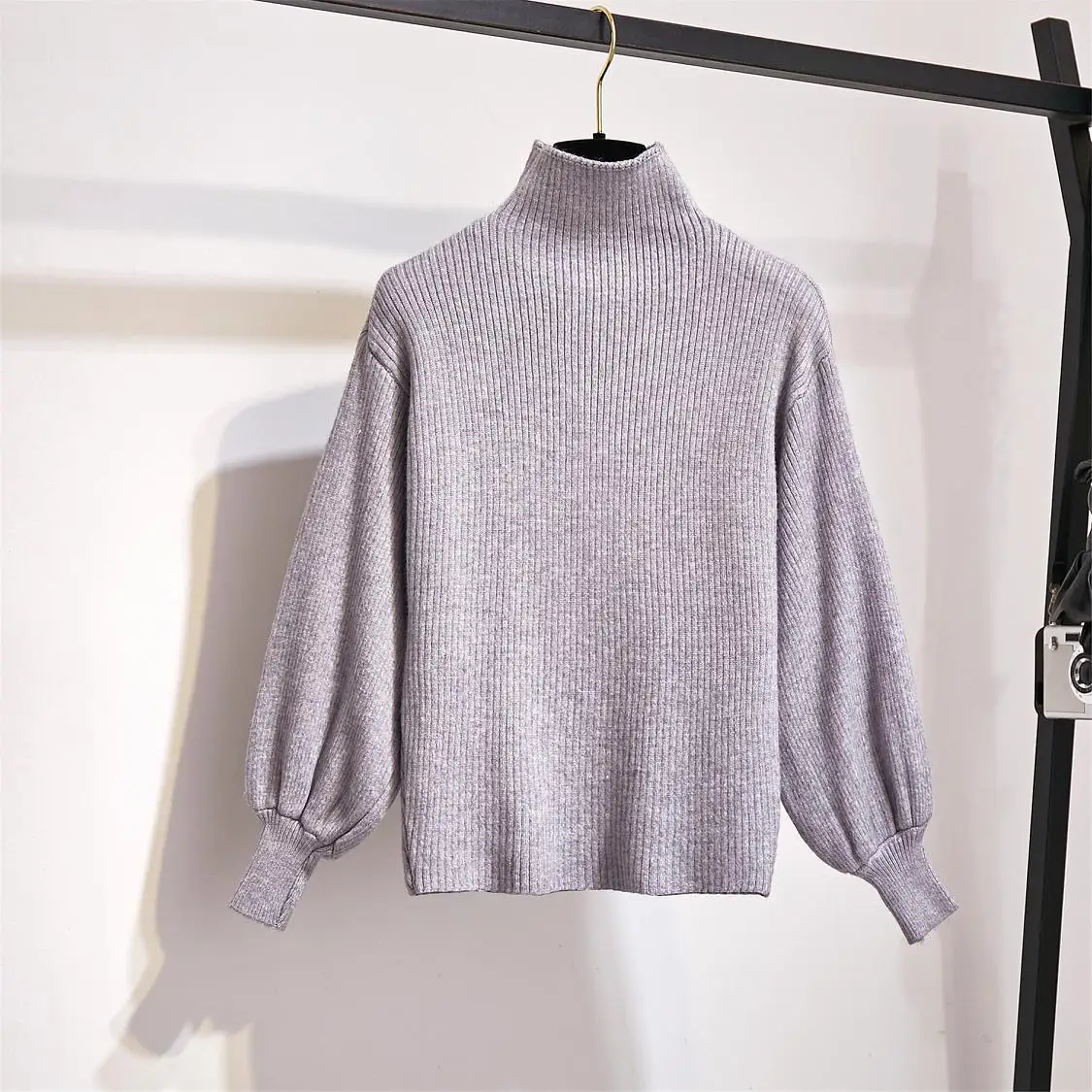 gray sweater New Winter Pullover Sweater& Woolen Cloth Lantern Sleeve Knitted Top Irregular Skirt Suit With Belt Outfit Casaul Clothes - Цвет: gray sweater