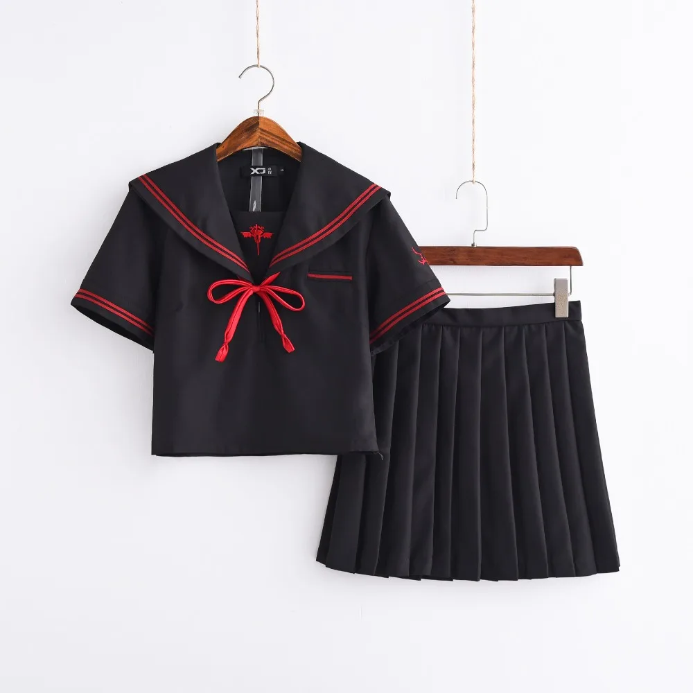 Short Sleeve Set UPHYD Dark Demon School Uniforms For Girls Anime Cosplay Costumes JK Sailor Uniforms S-XL Top And Pleated Skirt - Цвет: Short Sleeve Set