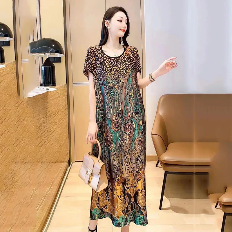 

Silk crepe de Chine dress women's 2021 temperament national style round neck print loose medium length skirt