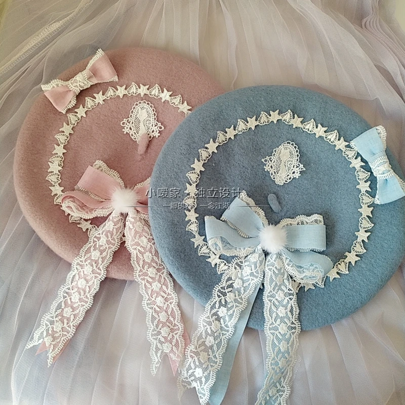 

13 Colors Lolita Berets Wool Blend Hat Kawaii Girls Women Lace Bow Preppy Chic Students Cap Pink Blue Purple Green Black White