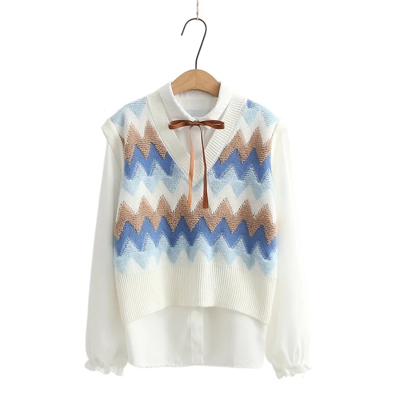 

White Women Lace Up Long Sleeve Shirts and V-neck Sleeveless Knitted Vest 2021 Autumn Korean Fashion Female 2 Piece Sets Clothes