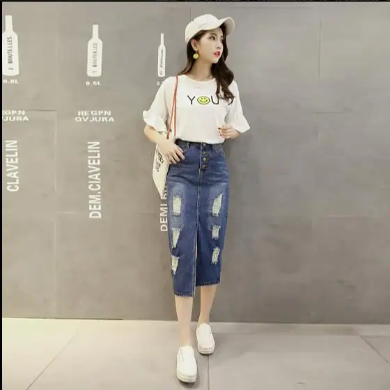 2019 New Spring Summer Autumn fashion women long denim skirt Vintage maxi skirts hole jeans pencil RQ360 | Женская одежда