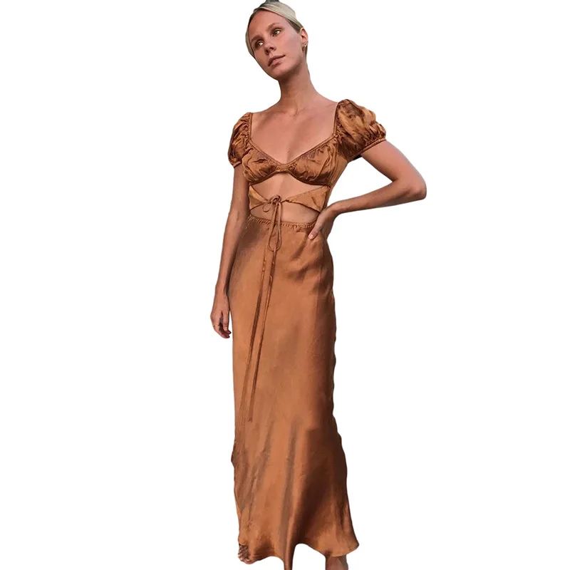 

2021 Summer New Women's Short Sleeve Fashion Sexy Square Neck Navel Slim Long Dress Maxi Dresses for Women Party Dress