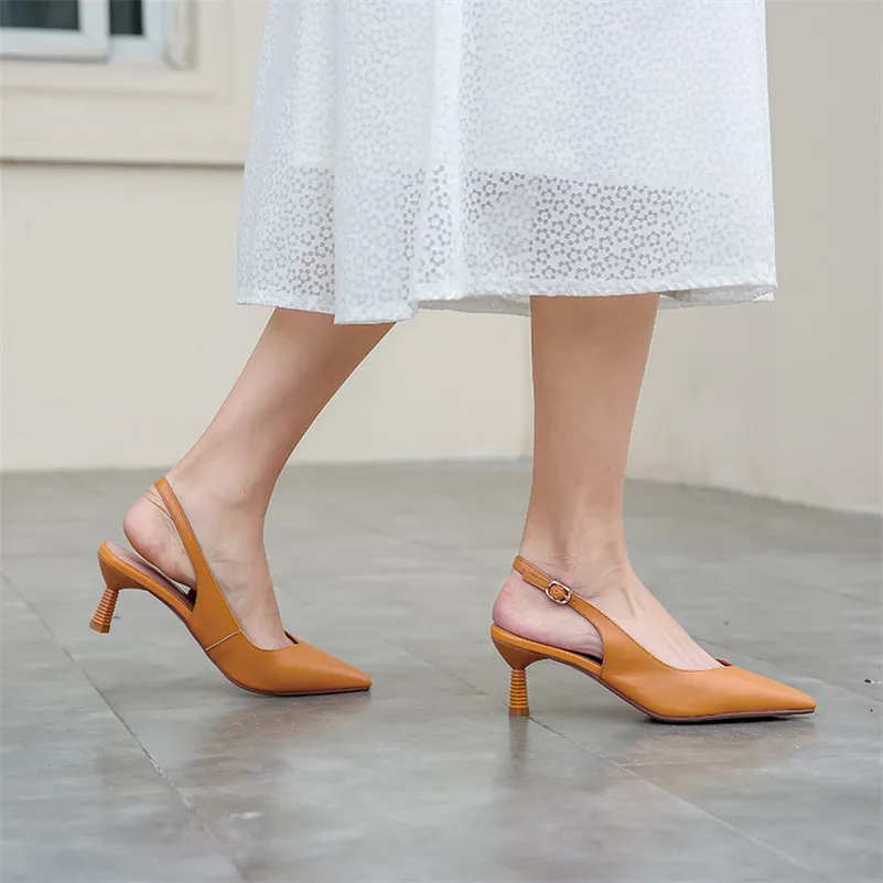 Женские Босоножки на каблуке Meotina летние туфли из натуральной кожи с острым