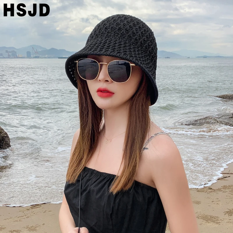 

2021 Solid Color Handmade Crochet Floppy Top Summer Hats For Women Hollow Out Knit Dome Bucket Hat Wide Brim Foldable Beach Caps