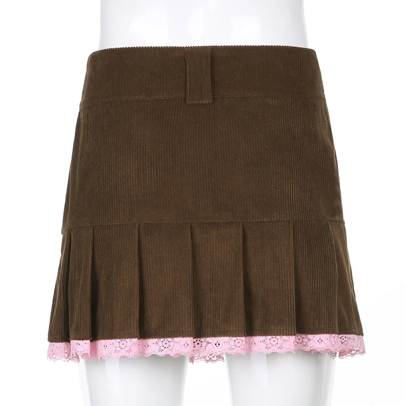 

Spring Lace Stitching Pleated Skirt High Waist Corduroy Aline Skirts for Women