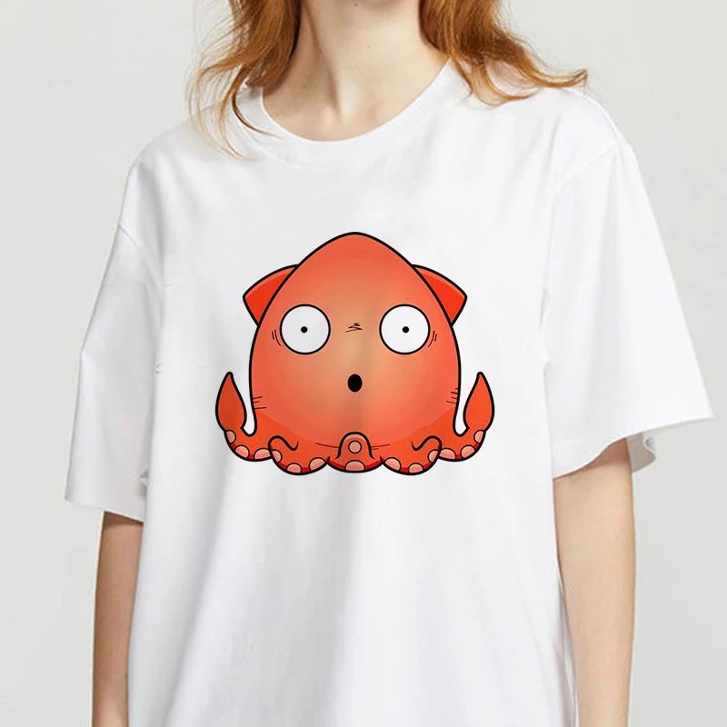 

2021 Round Neck Summer Harajuku Print Big Size Casual Funny octopus Cartoon Women Short-sleeved Tops Tees Letters Fun T-shirt