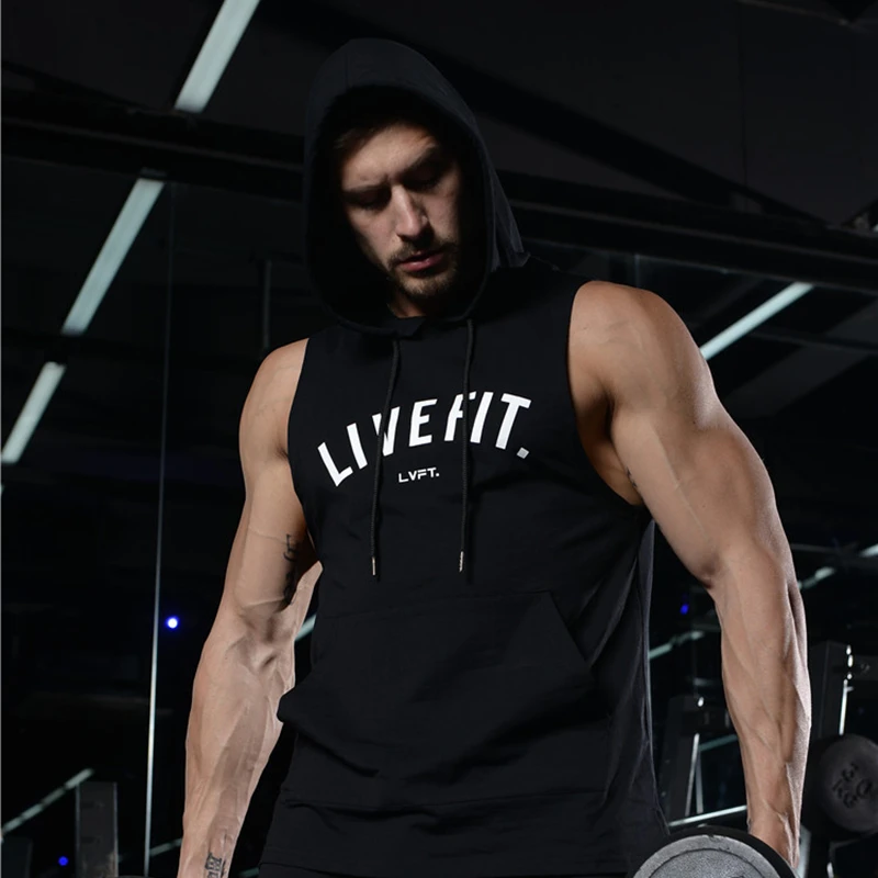 Брендовая мужская майка с капюшоном для фитнеса футболка без рукавов