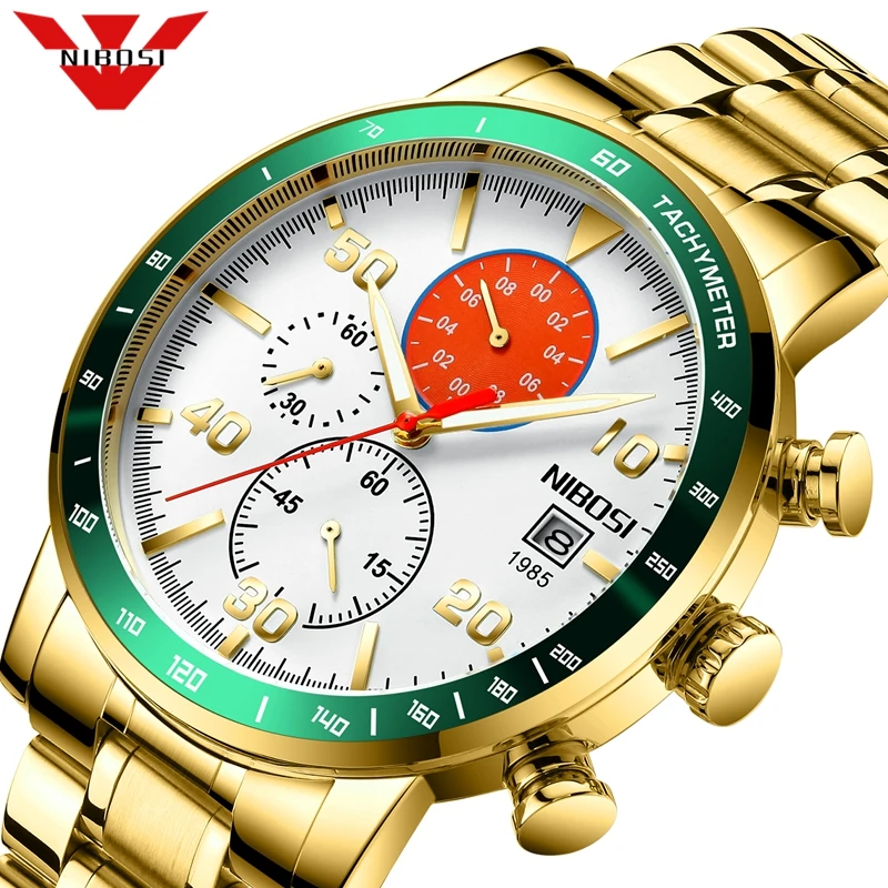 NIBOSI часы Для мужчин Элитный бренд золото Нержавеющая сталь спортивные кварцевые