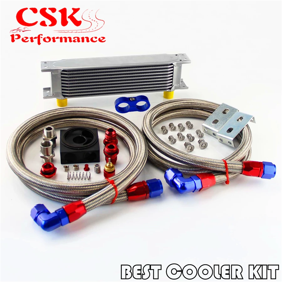 

10 Row Oil Cooler Kit M20XP1.5 / 3/4X16 UNF Oil Filter Thermostat Sandwich Plate Silver / Black