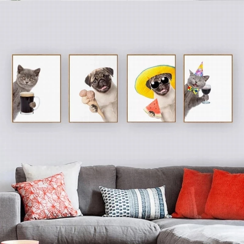 

Lovely Pug Dog and Cat Canvas Painting Wall Art Funny Animals Hold Wine Bowl Poster Prints Pictures for Living Room Home Decor