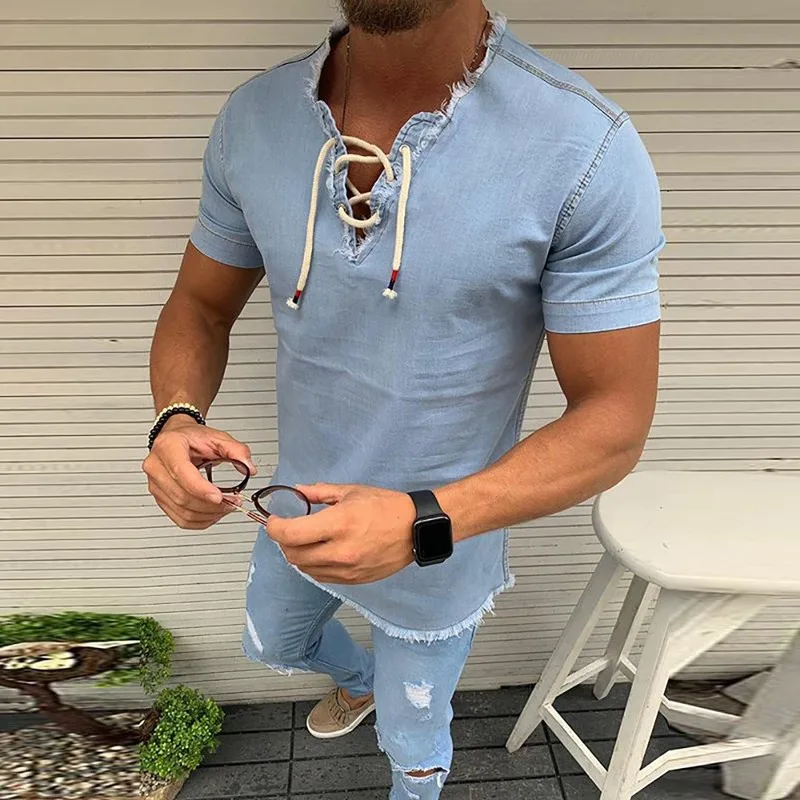 

Men's Denim T-Shirt Solid Color V-Neck Slim Drawstring Tops Hot Sale 2020 Summer European And American Fashion Fashion Clothing