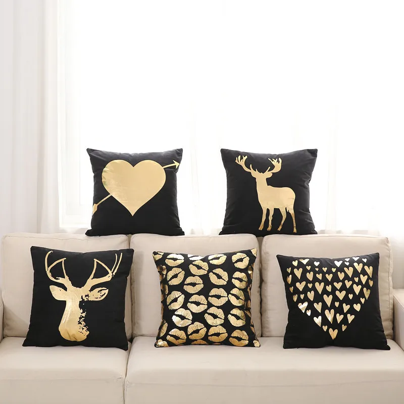 

Black Flannelette Hot Stamping Pillow Case Cover Letters Elk Print Sofa Car Coffee Shop Cushion Cover Pillowcase Home Decoration