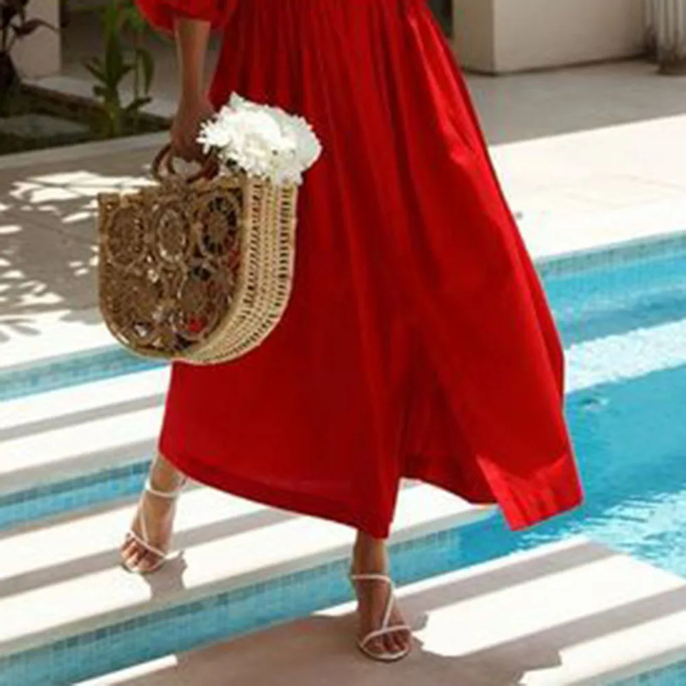 

2021 Women's New Solid Color Western Style Temperament Commute High Waist Lantern Sleeve Summer Dress Fashion Lapel