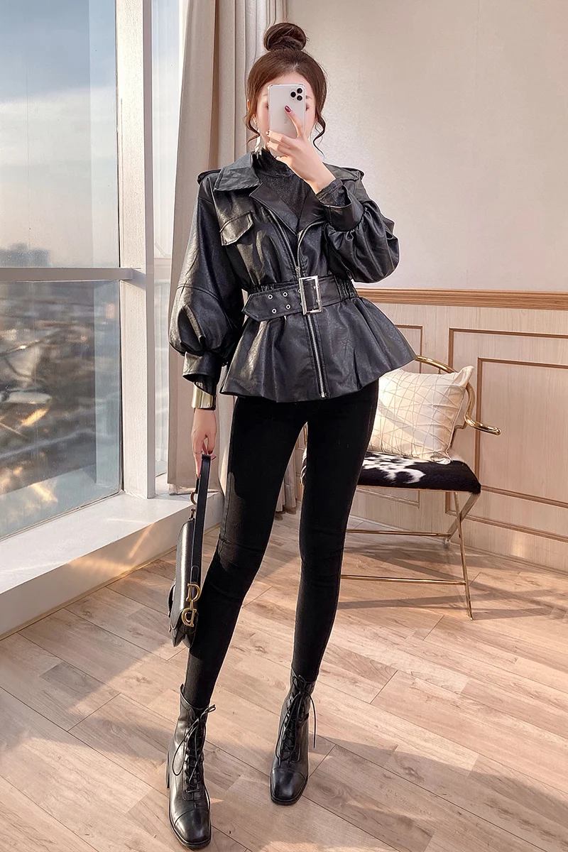 

Autumn Women's Leather Jacket Streetwear Fashion Cool Short Coat Black Pu Jacket With Belt mujer chaqueta