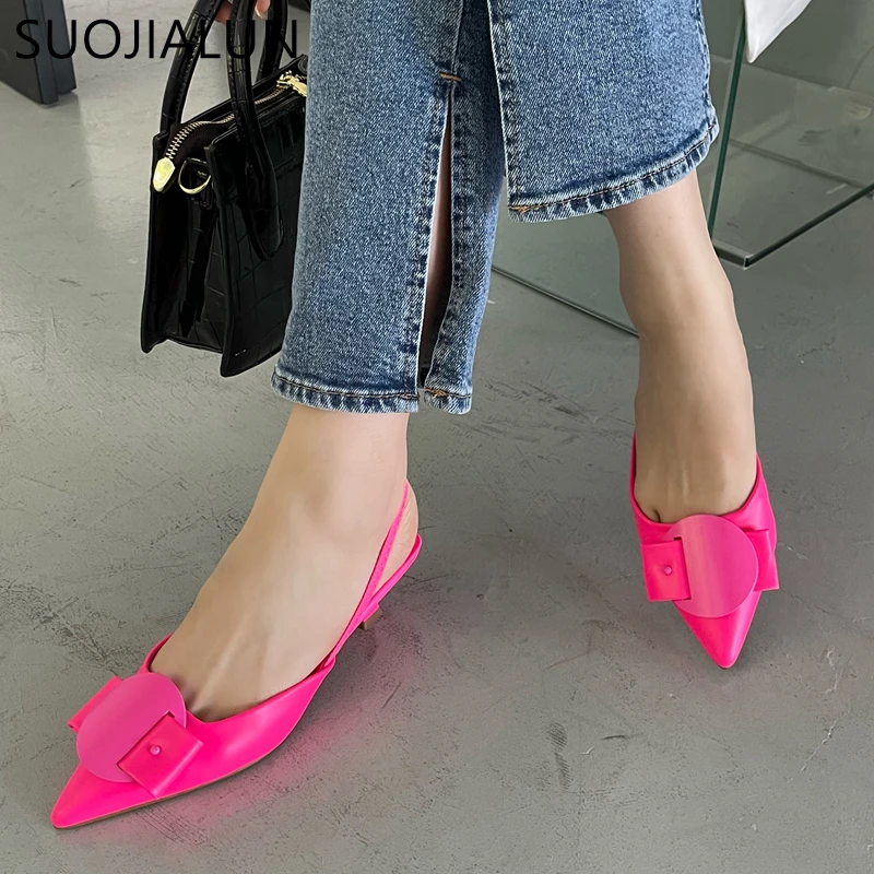 SUOJIALUN 2022 Spring Women Slingback Sandals Fashion Bow-knot Buckle Ladies Pumps Shoes Thin Low Heel Pointed Toe Slip On Mules