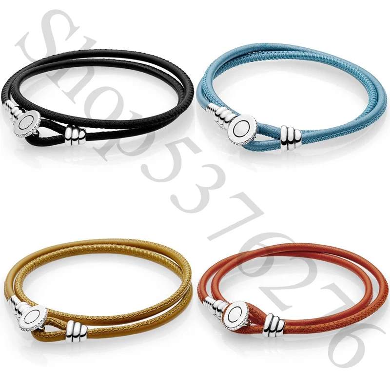 Аутентичный 925 Серебряный двойной кожаный модный браслет подходит для женщин Pandora Bead Charm Bangle подарок DIY ювелирные изделия.