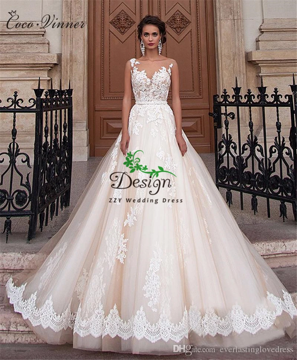 

Romantic Champange Tulle Scoop Tulle Wedding Dresses 2020 Illusion Ball Gown Court Train Appliques Sashes vestido de novia