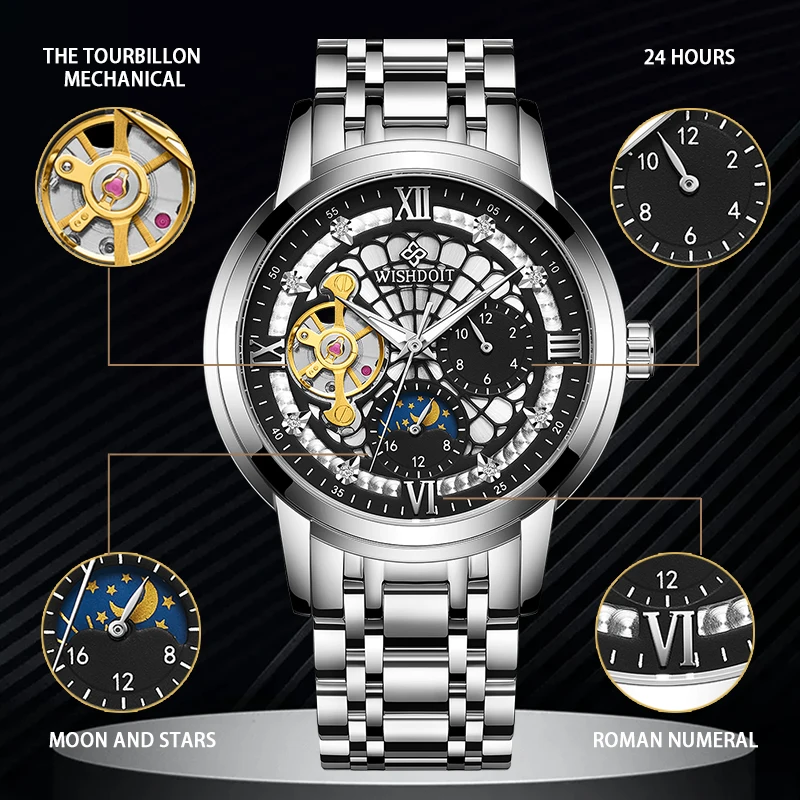 Часы наручные WISDHOIT Мужские механические деловые Роскошные водонепроницаемые