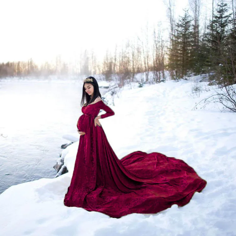 

Long Sleeve Strapless Maternity Dress For Photo Shoot Pregnant Women Sexy Ruffles Clothes Pregnancy Dress Women Photography Prop