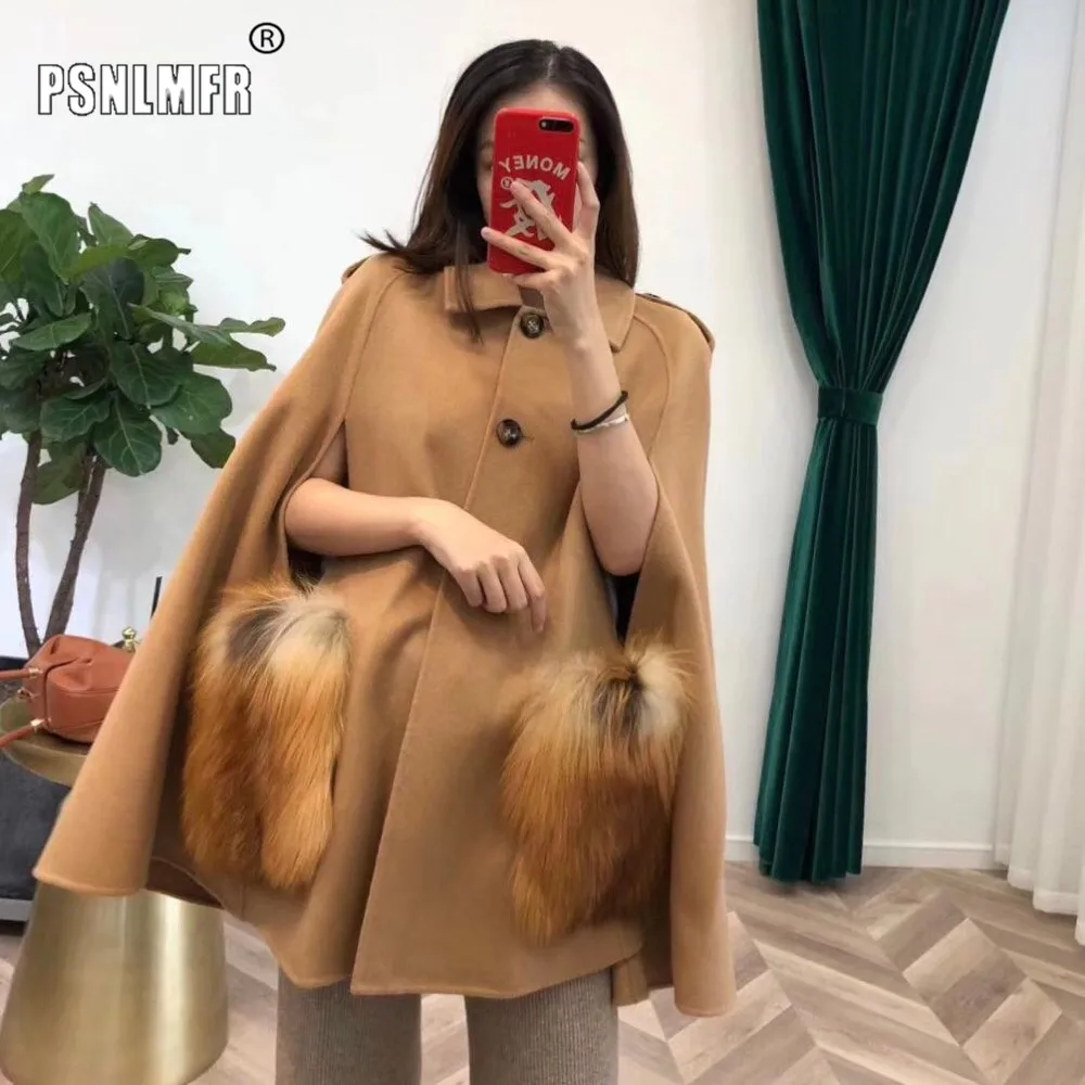 Корейский и японский стиль женский кашемировый плащ с большим красным/серебристым лисьим мехом с карманом размера плюс свободное офисное Женское шерстяное пальто