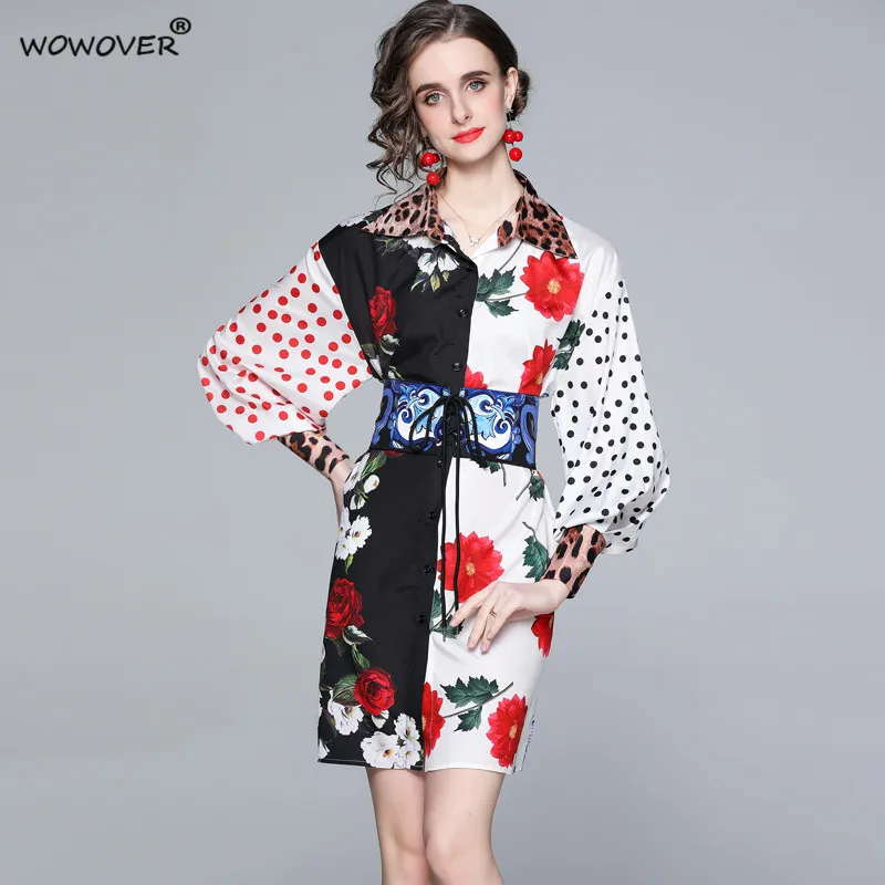 

Fashion Spring Summer Runway Designers Long Sleeves Loose Shirts Dress Holiday Casual Women Elegant Dot Print Vintage Vestidos